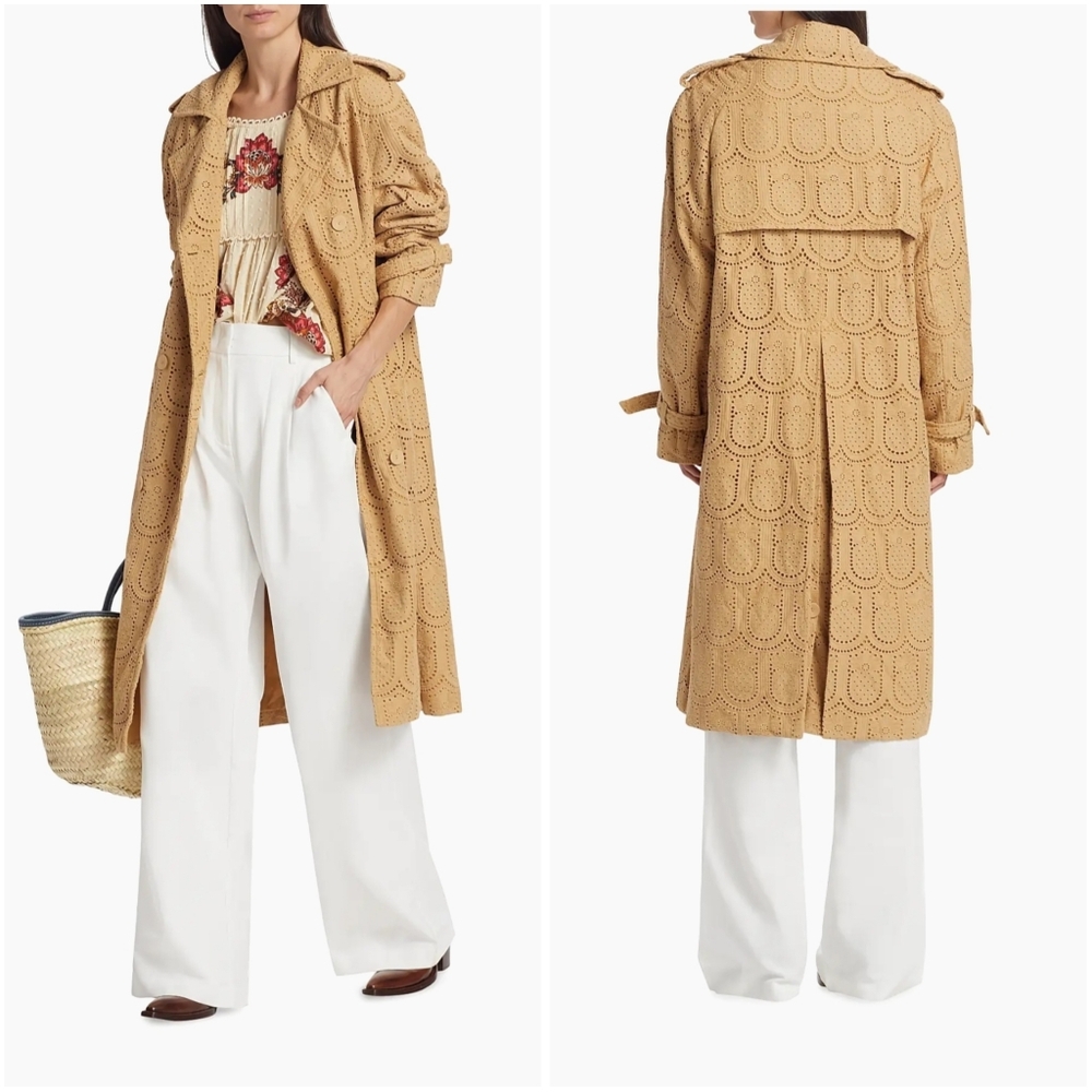 Anthropologie Farm Rio Pineapple Cotton Eyelet Trench Coat Medium Khaki Tan - Picture 2 of 12